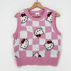 Hello Kitty Sweater Vest Women Medium Pink Checkered Knit Sanrio Kawaii Intarsia